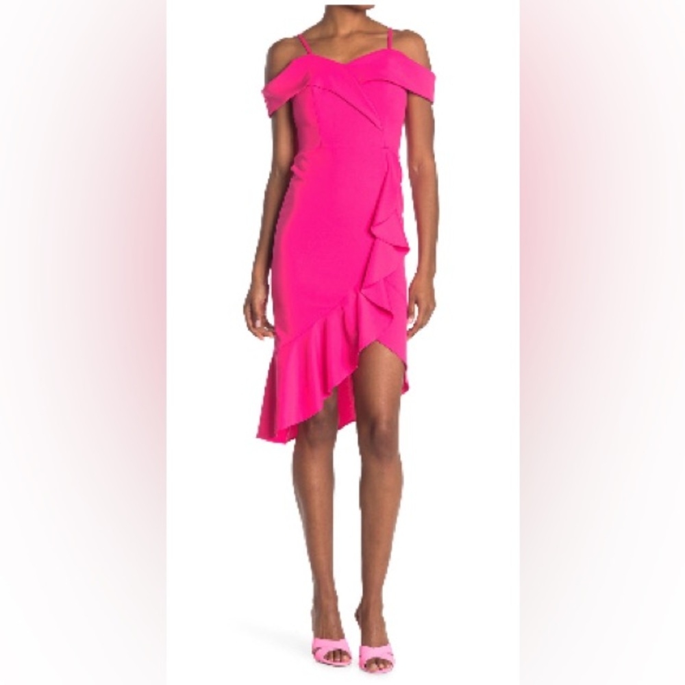 Bebe Fuchsia Cold Shoulder Ruffle Hem Midi Dress